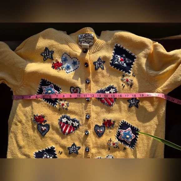 VTG Heirloom Collectibles Patriotic Americana Cardigan XL Yellow Embroidered - Picture 5 of 10